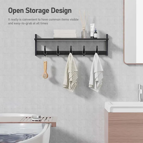 Vista 6 de Tatub Perchero rústico de 29 pulgadas con estante, ganchos de pared de entrada con estante, perchas para baño, sala de estar, dormitorio, negro