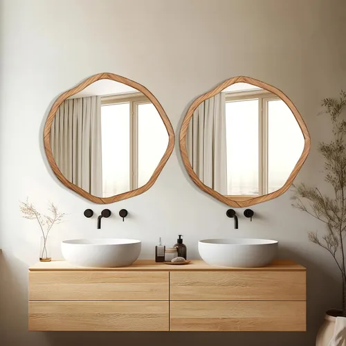 Vista 4 de ULIKE Espejo redondo de madera, espejo de pared circular irregular de 24 pulgadas con marco de madera, soporte de pared decorativo rústico