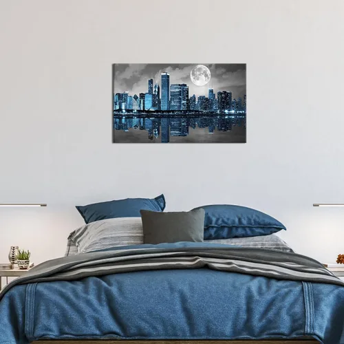 Vista 3 de Biuteawal Arte de pared negro blanco y azul de la ciudad, cuadros de Chicago, decoración de imágenes de luna, noche, paisaje urbano, horizonte