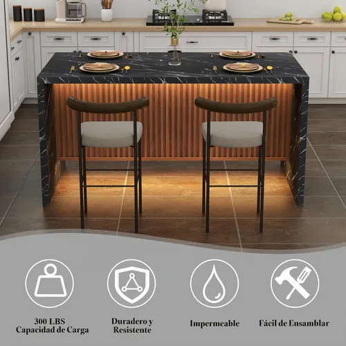 Vista 7 de Mesa de comedor grande de imitación de mármol de 63" para 4-6 personas (patente pendiente), mesa de isla con luces LED, mesa de comedor de cocina