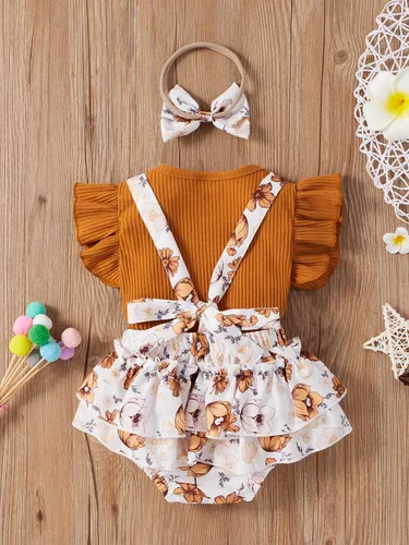 Vista 5 de Conjunto de ropa para bebé recién nacida, con volantes, manga corta, acanalada, para verano