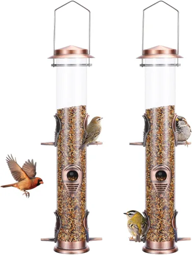 Vista 11 de MIXXIDEA 1PK Alimentadores de pájaros metálicos con 6 puertos de alimentación, alimentador de pájaros de tubo con colgador de acero, alimentador