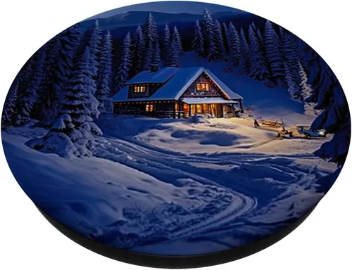 Vista 2 de Cabaña nevada del bosque de invierno en pinos PopSockets estándar PopGrip