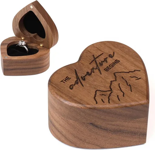 Vista 10 de Caja de Anillo de Propuesta de Compromiso Delgada de Madera en Forma de Corazón Caja Portador Soporte de Anillos para Ceremonia de Boda, Día de Una