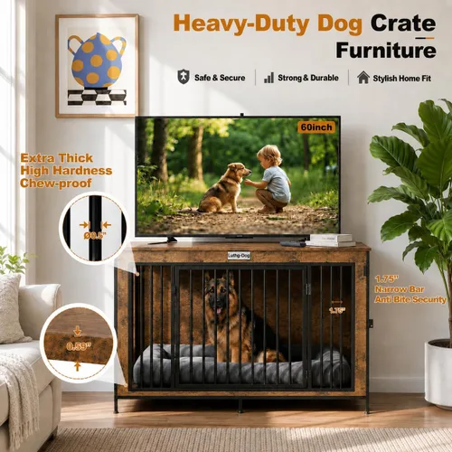 Vista 2 de Mueble de jaula de perro XL de 48 pulgadas para perros grandes y medianos, perrera de madera para interiores con 3 puertas, anillo de bloqueo