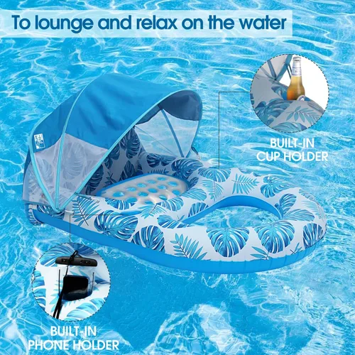 Vista 5 de COOLCOOLDEE Flotador de Piscina con Toldo UPF50+, Flotadores de Piscina Extra Grandes para Adultos de Alta Resistencia, Flotador Inflable