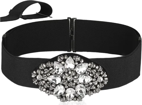 Vista 8 de Beaded Rhinestone Belt Wide Stretchy Belt for Women Dresses Negro