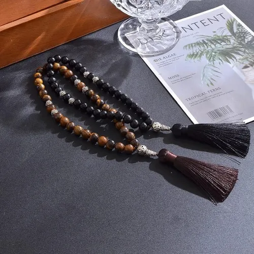 Vista 2 de Pulsera de 33 cuentas de oración con 33 cuentas de oración para hombres y mujeres, color ónix negro y amarillo (ojo de tigre de 0.394in)