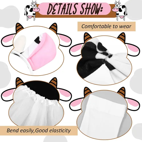 Vista 2 de Bonuci Disfraz de vaca de Halloween para niñas y niños, incluye diadema de vaca, cola, nariz, corbatín, falda, camiseta y pegatina