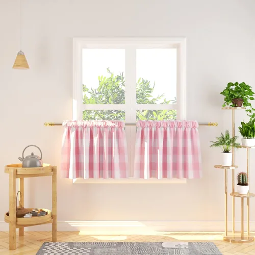 Vista 153 de Cenefas de cortina para ventana de 16 pulgadas de largo, 2 paneles de cuadros búfalo, cortinas pequeñas con bolsillo para barra, estilo clásico