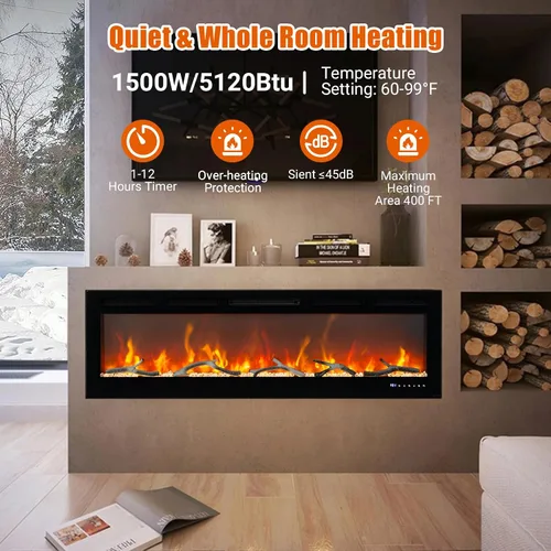 Vista 6 de Chimenea eléctrica inteligente de 60 pulgadas, empotrada o montada en la pared, calentador de 1500 W, control remoto con temporizador, pantalla