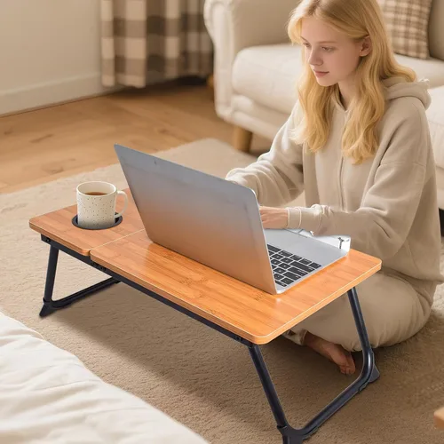 Vista 2 de Mesa de cama ajustable para laptop con soporte para libros, escritorio portátil de lectura con panel lateral, grano de madera