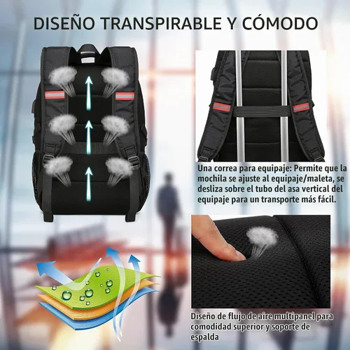 Vista 5 de Mochila para portátil de 17.3 pulgadas, mochila grande para computadora con puerto de carga USB, mochila resistente al agua y resistente para Negro