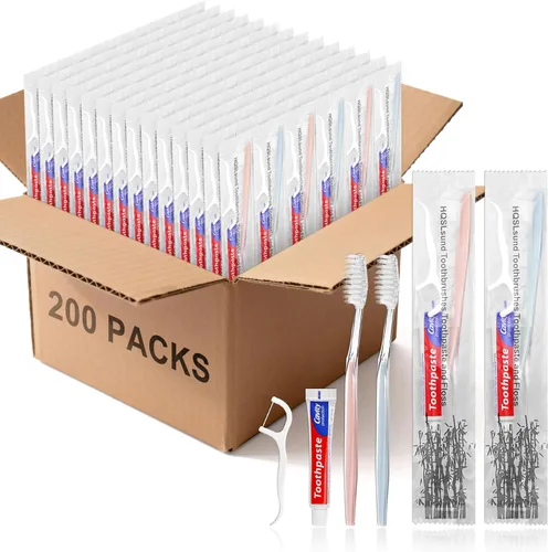 Vista 6 de 100 cepillos de dientes desechables con hilo dental, 2 colores Individually Wrapped, Disposable Toothbrush, 10g Toothpaste, Floss Pick, Bulk