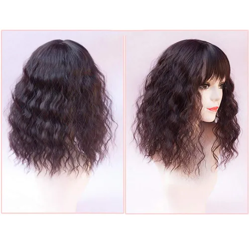 Vista 4 de RemeeHi Peluca sintética rizada y ondulada con clip, para pérdida de cabello, con flequillo, para mujer, color marrón oscuro, 18 pulgadas (grueso)