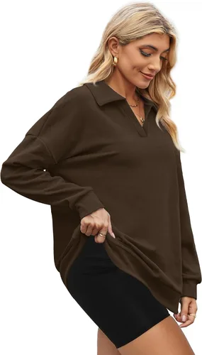 Vista 3 de Dofaoo Sudaderas para mujer de manga larga con cuello en V, ajuste holgado, túnica para leggings, sudadera con cuello