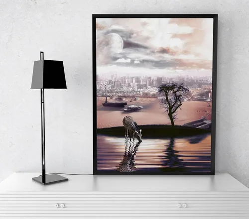 Vista 9 de Lucid Eye Póster de oasis, obra de arte de ciudad del desierto, impresión de paisaje futurista, póster de ovni de cebra, póster de arte de fantasía