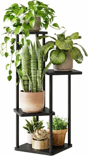 Vista 12 de GENTINGBRO Soporte alto para plantas de interior de 4 niveles para múltiples plantas, soporte de madera para plantas, estante de madera, estantería