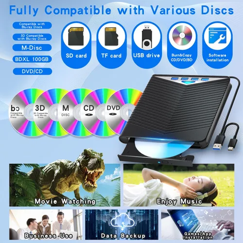 Vista 6 de Dainty Unidad Blu ray externa 7 en 1 lectura/escritura con quemador Bluray USB 3.0 y tipo C compatible con/Windows7-11 Mac OS Soporte para unidad