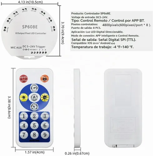 Vista 3 de Ruirui Controlador Bluetooth SP608E con 8 salidas de señal para módulo LED Pixel Strip String Light Andriod iOS APP/Remoto/Control de disparador