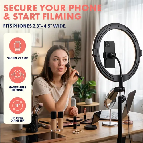 Vista 10 de SQUATZ Anillo de luz LED de 11 pulgadas para selfie de 12 W con control por cable, 3 modos de color, 10 niveles de brillo, soporte de trípode con 6