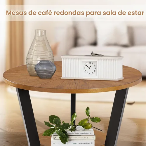 Vista 4 de Mesa auxiliar, mesa auxiliar redonda de madera para sala de estar con mesa de 2 niveles con estante de almacenamiento, diseño de soporte triangular