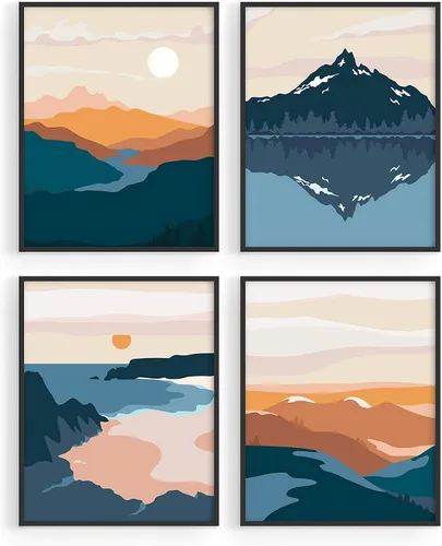 Vista 15 de HAUS AND HUES Arte de pared de montaña – Juego de 4 decoración de paisaje moderno de mediados de siglo, naturaleza y arte moderno Marco beige de 8