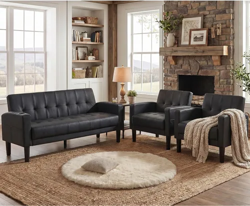 Vista 12 de TYBOATLE Sofá Loveseat de 62" de ancho con 2 puertos de carga USB y 2 portavasos, asiento de amor pequeño capitoné de cuero sintético negro