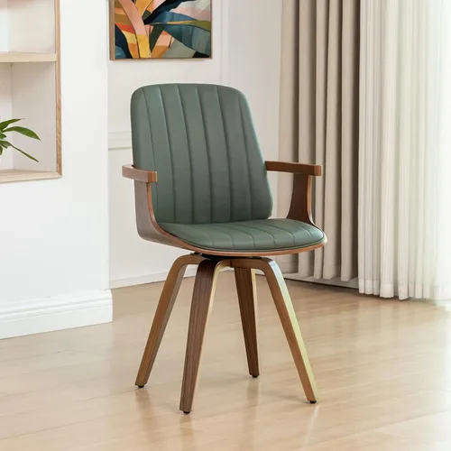 Vista 14 de WUPOTO Juego de 1 silla de comedor giratoria, silla de comedor moderna de mediados de siglo con artesanía de nogal, piel sintética tapizada, brazos