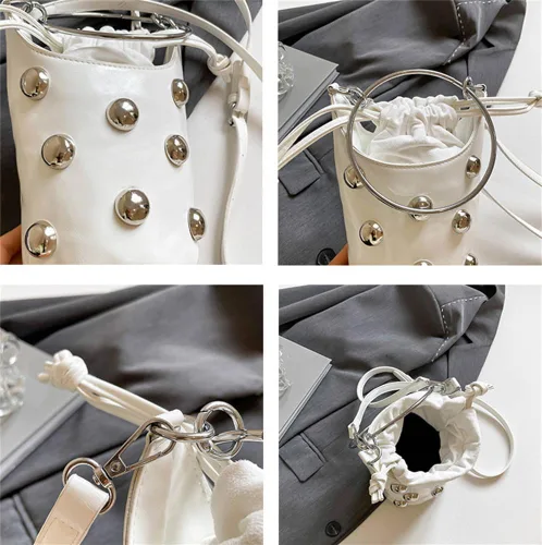 Vista 2 de Bolso de mano con asa superior para mujer, bolso Y2K, moderno remache, bolso cruzado estilo cubo, bolso retro para fiestas, compras, casual