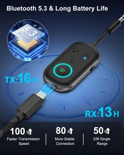 Vista 7 de Bomivoi Receptor transmisor Bluetooth 5.3, adaptador Bluetooth de avión para 2 auriculares, adaptador de audio inalámbrico para automóvil, llamada