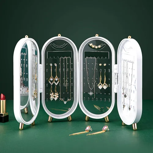 Vista 5 de Soporte plegable para aretes caja organizadora de joyas con espejo aretes collar joyero organizador de collar para mujeres y niñas caja organizadora