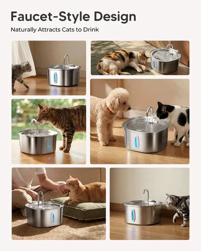 Vista 9 de PEKTACO Fuente de Agua para Gatos de Acero Inoxidable, Dispensador de Agua para Gatos de 3.2L/108oz con Bomba de Agua Ultra Silenciosa y Ventana