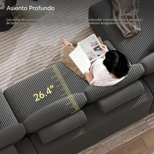 Vista 7 de Sofá Seccional Modular en Forma de U de 126.2'', Sofá Convertible de 4 Asientos, Sofás Sin Huesos para Sala de Estar (Gris) Sofá moderno de pana