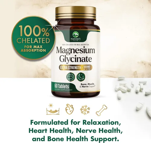 Vista 5 de Glicinato de magnesio 500 mg por porción - Suplemento de magnesio quelado para suplemento de alta absorción - Soporte para la salud muscular, huesos