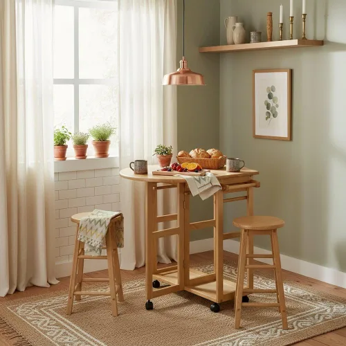 Vista 2 de Furnifact Juego de comedor de 3 piezas con hojas colgantes que ahorran espacio, mesa de madera maciza y 2 taburetes redondos, color marrón
