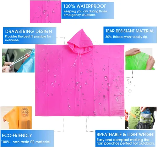 Vista 4 de Ponchos de lluvia desechables para niños y niñas, impermeable multicolor, paquete de 4