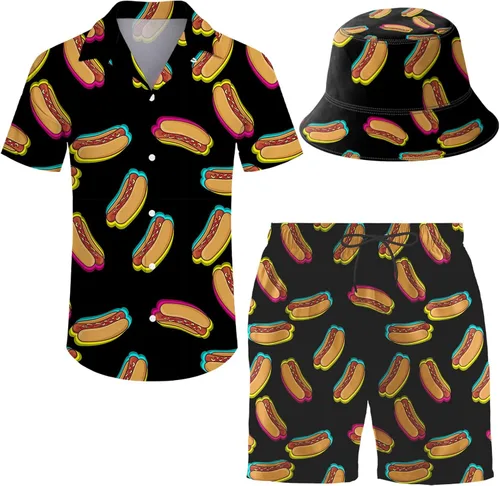 Vista 37 de Conjunto deportivo de 2 piezas para hombre, camisa hawaiana, pantalones cortos, camisa con botones y pantalones cortos con sombreros de pescador