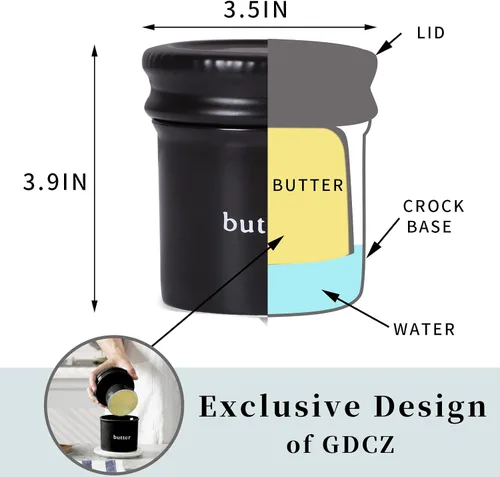 Vista 2 de GDCZ Mantequillera con línea de agua, cerámica francesa Mantequilla con tapa (negro)