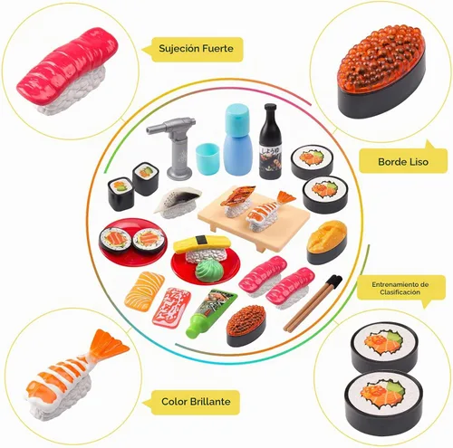 Vista 6 de Funpynani - Juego de comida de simulación para cortar sushi, 34 piezas, juguetes de alimentos de simulación con luz LED que cambia