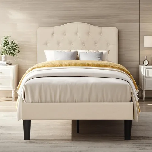 Vista 6 de VECELO Base de cama de plataforma de tamaño individual con cabecera tapizada de tela y soporte de listones de madera, no necesita somier/fácil Beige