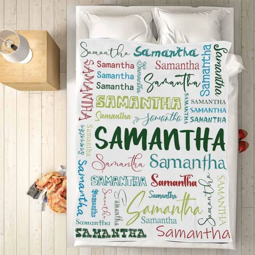 Vista 2 de Manta personalizada con nombre con fuente diferente y colorida para niños, mujeres y hombres, divertida decoración personalizada para el hogar, cama
