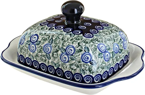 Vista 4 de Blue Rose Polish Pottery – Mantequillera cuadrada de tulipán azul – Se adapta a 1 barra – Mantequera para organización y almacenamiento de encimera