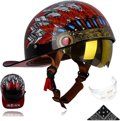 Vista 10 de Gorra de béisbol para motocicleta, 3 unidades, aprobado por DOT, estilo vintage, cara abierta, unisex, para adultos, medios cascos de doble lente