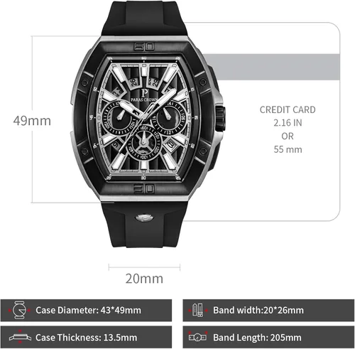 Vista 4 de Reloj de cuarzo Tonneau de lujo para hombre, movimiento japonés, impermeable, regalo para hombre