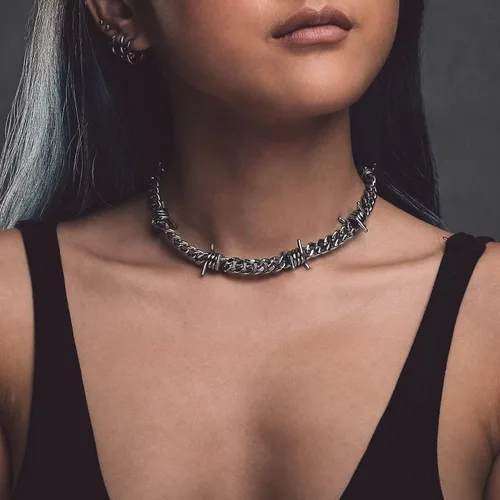 Vista 4 de Bandmax Barbed Wire Cuban Necklace for Women Men Stainless SteelBlack Gothic Thorns Skull Choker Necklace Bracelet Punk Jewelry -Gift Packed
