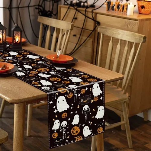 Vista 5 de Juego de 5 manteles individuales y camino de mesa de Halloween, fantasma, divertido de lino negro, de temporada, para cocina, comedor, hogar