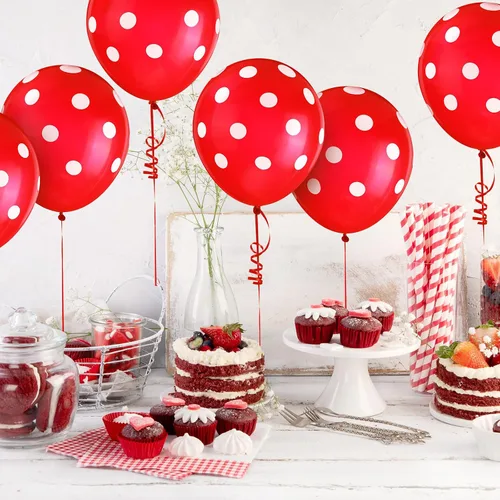 Vista 3 de Sumind 100 globos de látex de lunares negros y rojos, decoraciones de mariquita y fresa para decoración de fiestas, cumpleaños, suministros de boda