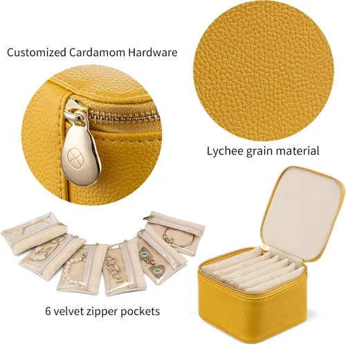Vista 7 de Vlando Joyero de viaje, pequeña bolsa de joyería con 6 bolsillos de terciopelo con cremallera, organizador de joyería de piel sintética para mujeres