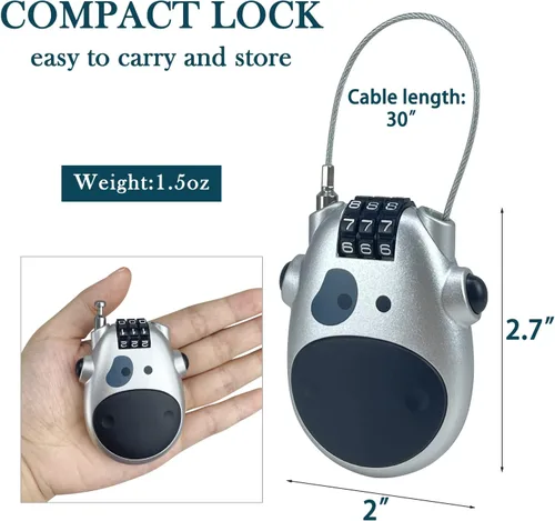 Vista 2 de Sutekus Cerradura de combinación con cable retráctil de 30 pulgadas, candado de combinación de 3 dígitos, candado de equipaje para casco, cochecito